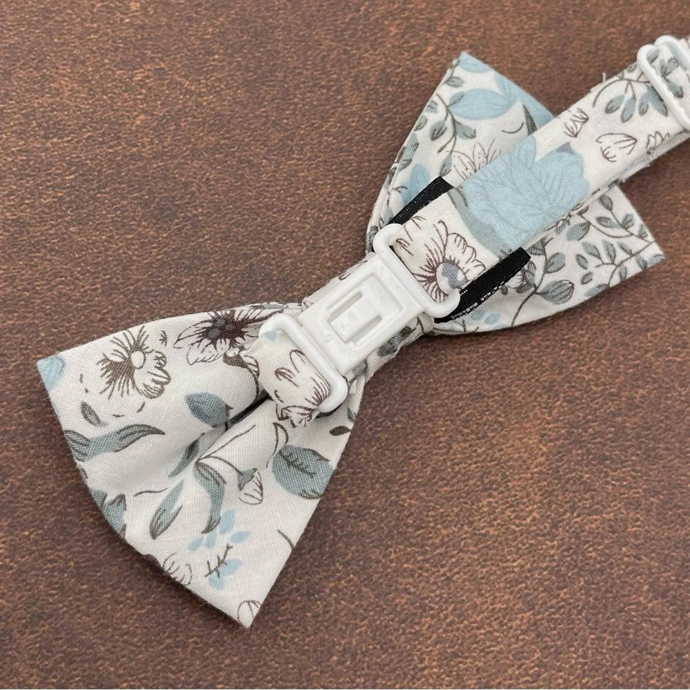 White w/ Pastel Blue Floral Pre-Tied Boys Bow Tie